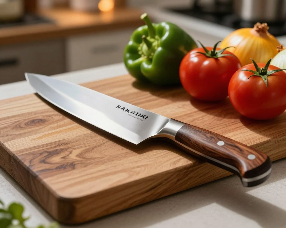 A top-rated kitchen knife, specifically a Sakai Takayuki 240mm Gyuto, rests elegantly on a rustic wooden cutting board, showcasing its sleek, polished steel blade that reflects light beautifully. In the foreground, the knife's meticulously crafted handle, made from dark, rich wood, displays subtle grain patterns. In the middle ground, vibrant, freshly cut vegetables—bright red tomatoes, green bell peppers, and yellow onions—are artfully arranged, hinting at a home cook's culinary creativity. The background features a softly blurred kitchen setting, with warm, inviting lighting illuminating the entire scene. The atmosphere conveys a sense of elegance and precision, embodying the artistry of cooking. The camera angle is slightly above the knife, capturing the details of the blade and the beauty of the ingredients around it.
