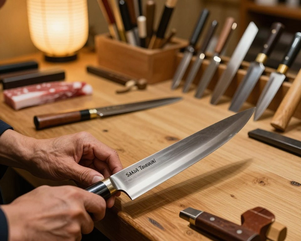 A traditional Japanese knife craftsman meticulously shaping a Sakai Takayuki Inox Deba knife in his serene workshop. In the foreground, close-up of a skilled artisan's hands working with a finely crafted blade against a backdrop of wooden tools and intricate metalwork. The middle ground features a workbench adorned with raw materials and an array of polished knives, showcasing the beauty of craftsmanship. Soft, warm lighting bathes the scene, highlighting the textures of wood and steel, creating a tranquil yet focused atmosphere. The background reveals traditional Japanese decor with paper lanterns and natural elements, enhancing the authentic ambiance of Japanese craftsmanship. The overall mood is one of dedication and artistry, emphasizing the benefits of choosing a Sakai Takayuki knife for culinary excellence.