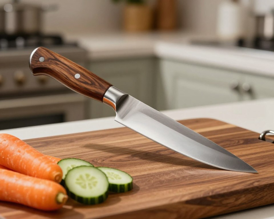 A traditional usuba knife with a slender, sharp blade, gracefully displayed on a polished wooden cutting board. The knife's handle, made of rich, dark wood, contrasts beautifully with the shiny, stainless steel blade. In the foreground, fresh vegetables such as vibrant carrots and crisp cucumbers are artfully arranged, showcasing the knife's intended use in culinary arts. The background features a soft-focus kitchen setting with warm, natural lighting, highlighting the knife's craftsmanship. The atmosphere is one of sophistication and culinary mastery, inviting viewers to appreciate both the tool and its practical application in modern cooking. The image should capture the elegance and functionality of the usuba knife, emphasizing its role in creating precise, beautiful dishes.