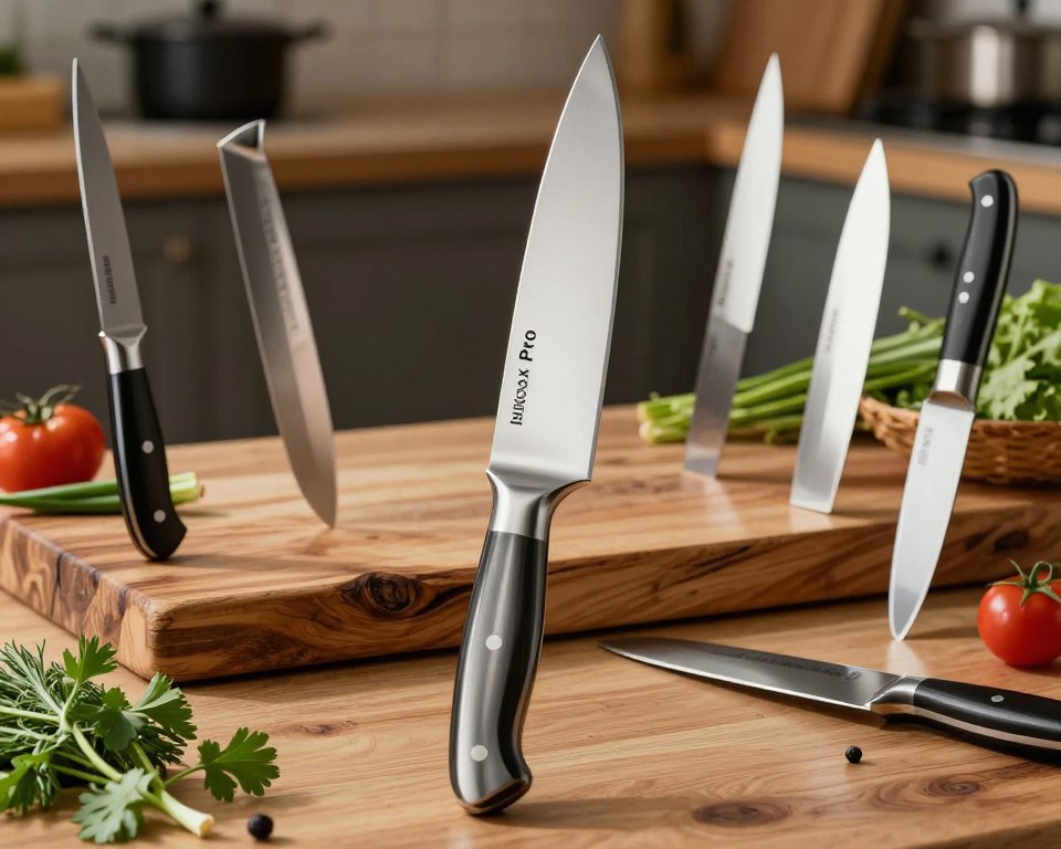 A visually engaging image comparing "Sakai Takayuki Inox Pro" knives with other high-end brands. In the foreground, prominently display the Inox Pro knife, showcasing its sleek design, polished stainless steel blade, and traditional Japanese craftsmanship. On either side, include other premium knives from different brands, emphasizing their unique features and craftsmanship differences, ensuring they are well-lit. The middle ground should feature a rustic wooden cutting board scattered with fresh herbs and vegetables, enhancing the culinary theme. The background should softly blur a kitchen setting, with warm, inviting lighting that creates a professional ambiance. Capture the scene from a slightly elevated angle to provide a comprehensive view of the knives and their surroundings, evoking a sense of sophistication and artistry in knife-making.