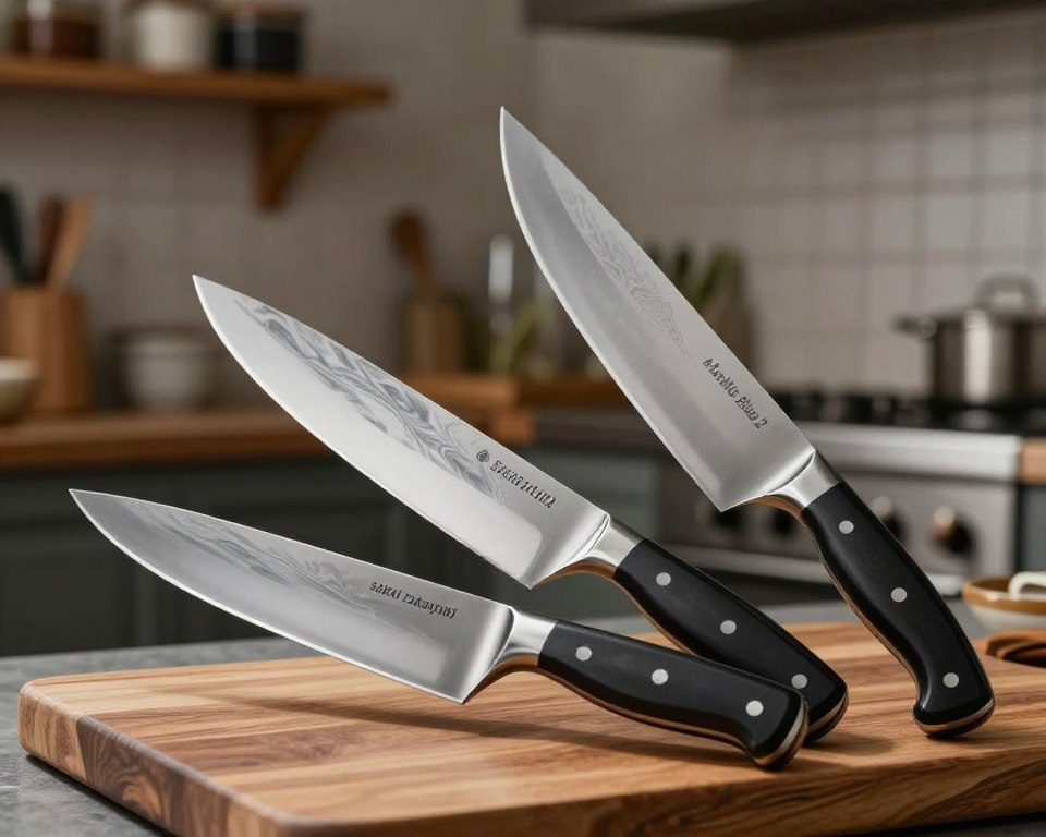 A visually striking comparison of high carbon steel knives, focusing on the Sakai Takayuki Aoniko Blue 2 steel alongside other premium steels. In the foreground, display three distinctly shaped knives resting on a polished wooden cutting board, with their blades gleaming under soft, diffused lighting to highlight the steel's unique patterns and finishes. The middle ground includes a subtle reflection of the knives in a shallow depth of field, enhancing their details and craftsmanship. In the background, a blurred kitchen setting with a rustic feel, featuring wooden shelves and softly glowing ambient light, creates a warm, inviting atmosphere. The overall mood should convey professionalism and sophistication, appealing to home chefs who appreciate high-quality kitchen tools.