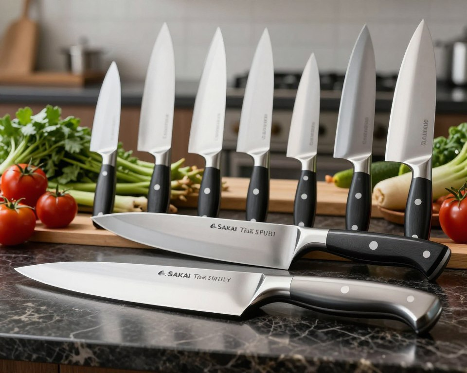A visually striking image of premium steel kitchen blades displayed on a dark marble countertop. In the foreground, prominently feature a Sakai Takayuki Blue Super knife with its elegant curved blade and ergonomic handle, showcasing its craftsmanship. Surround it with a selection of competitive brands, highlighting their varying designs, including traditional Japanese and Western styles. Each blade should reflect unique textures and finishes, like polished steel and matte finishes. The middle layer includes fresh ingredients, such as vibrant vegetables and herbs, artfully arranged to enhance the culinary theme. Soft, natural lighting illuminates the scene, creating an inviting atmosphere, while a shallow depth of field focuses attention on the knives, blurring the background slightly. The mood is sophisticated and professional, emphasizing quality and precision in kitchen tools.