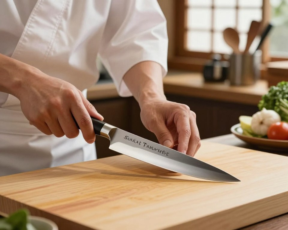 A well-lit kitchen setting featuring a professional chef's hands carefully reviewing a Sakai Takayuki knife, showcasing its elegant curved blade with intricate detailing. In the foreground, focus on the knife placed on a polished wooden cutting board, highlighting its craftsmanship and sharpness. The middle ground displays the chef's hand holding the knife, emphasizing a judicious grip, while in the background, softly blurred kitchen utensils and fresh ingredients create an inviting cooking atmosphere. The lighting is warm and natural, filtering through a window, casting gentle shadows that add depth. The emotional tone conveys a sense of respect and admiration for the quality of the blade, capturing the essence of expert reviews and ratings.