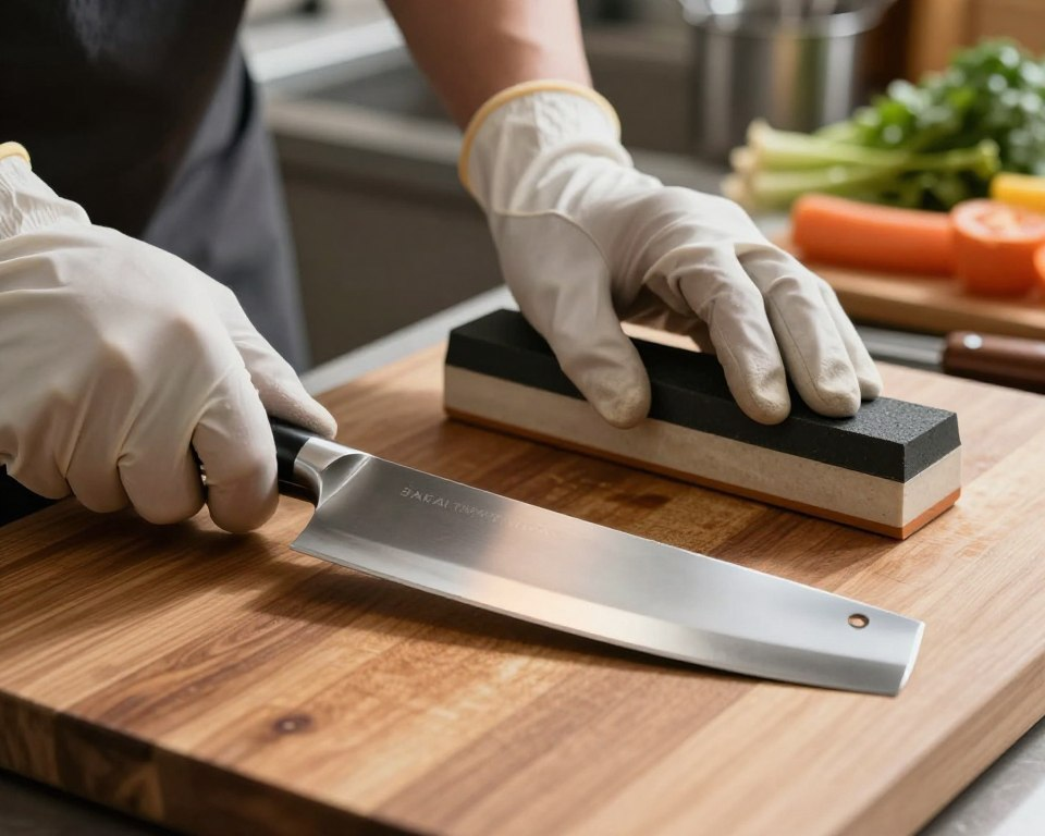 A well-lit kitchen setting showcasing a Sakai Takayuki Inox cleaver resting on a polished wooden cutting board. In the foreground, a close-up of the cleaver, highlighting its sleek stainless steel blade with reflections of warm kitchen light, emphasizing its sharp edge and craftsmanship. In the middle ground, a pair of hands wearing simple, professional kitchen gloves are gently sharpening the cleaver using a whetstone, showcasing maintenance in action. The background features a softly blurred array of kitchen utensils and fresh ingredients, creating a culinary atmosphere. The lighting is warm and inviting, with soft shadows that enhance the details of the cleaver and the action of maintenance, evoking a mood of care and professionalism in culinary arts.