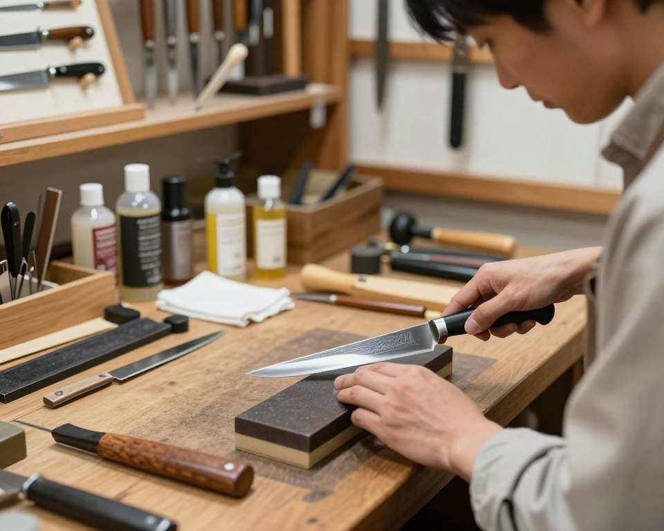 A well-lit workshop setting focusing on the meticulous maintenance of a Sakai Takayuki Inox knife. In the foreground, a skilled artisan, dressed in modest casual clothing, is sharpening the knife on a whetstone with precision, their hands steady and detailed. The knife gleams under soft, diffused daylight, showcasing the beautiful blade patterns. In the middle ground, various maintenance tools are neatly arranged—strops, oils, and cleaning cloths—highlighting a professional care environment. The background features wooden shelves filled with knife displays and hanging tools, creating an organized and inviting atmosphere. The overall mood is serene and focused, encapsulating the dedication to preserving the quality and craftsmanship of the knife.