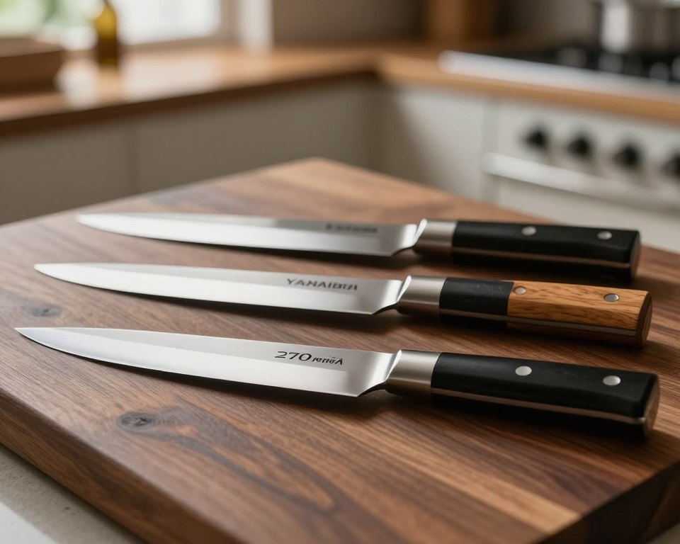 An artistic comparison of three premium Sakai Takayuki Yanagiba knives, prominently featuring a 270mm Yanagiba in the foreground, showcasing its elegant geometry and polished blade. The knives should be arranged on a sleek, dark wooden cutting board, with their distinctive handles made of traditional materials like ebony and magnolia. In the middle ground, display subtle variations in blade size and craftsmanship among the other two Yanagiba knives. The background should consist of a softly blurred kitchen setting, illuminated by warm, natural light to create a cozy atmosphere. A shallow depth of field will focus on the knives while gently fading the background, highlighting their craftsmanship and precision, evoking a sense of artistry and cultural heritage in Japanese culinary tools.