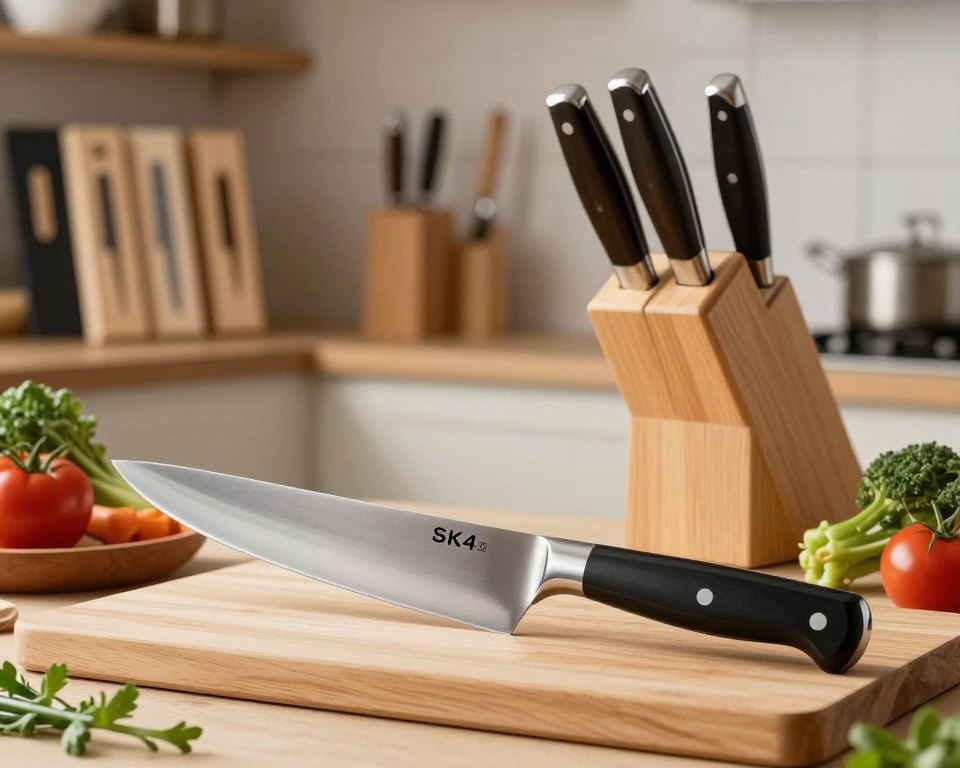 An elegant display of the Sakai Takayuki SK4 Gyuto knife for purchase options, set in a well-lit, contemporary kitchen environment. In the foreground, showcase the SK4 Gyuto knife with its distinctive blade, reflecting light to highlight the craftsmanship and sharpness. Include a wooden cutting board beneath the knife, surrounded by fresh vegetables and herbs, emphasizing its culinary purpose. In the middle ground, feature a wooden knife block displaying various other high-quality knives, creating a sense of variety in purchasing options. In the background, softly blurred shelves lined with Japanese knife boxes, adding authenticity to the setting. Warm, natural lighting permeates the space, evoking a welcoming atmosphere, perfect for cooking enthusiasts.