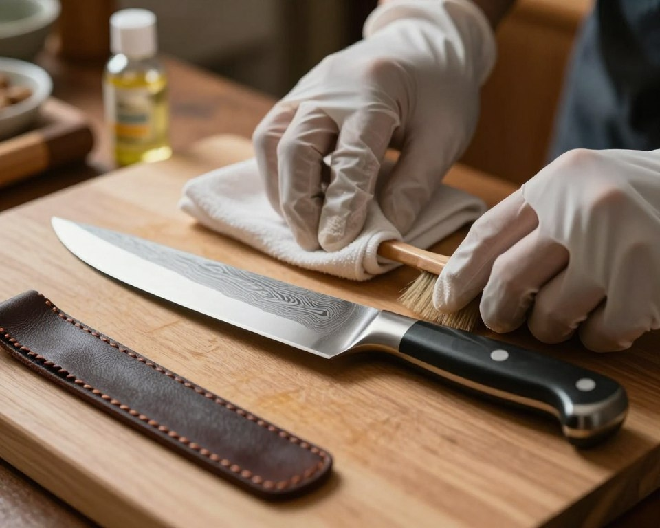 Close-up of a Sakai Takayuki Homura Guren knife resting on a wooden cutting board, showcasing its polished blade and intricate Damascus pattern. The foreground features a leather honing strop and a small bottle of mineral oil, symbolizing knife maintenance. In the middle, a pair of hands clad in protective gloves demonstrate the careful cleaning and care process, featuring a soft cloth and a brush. The background includes subtle hints of a cozy kitchen setting, with warm lighting illuminating the scene, creating a tranquil and focused atmosphere. Use a shallow depth of field to emphasize the knife and the maintenance tools while softly blurring the background. The overall mood should convey craftsmanship and attention to detail in knife care.