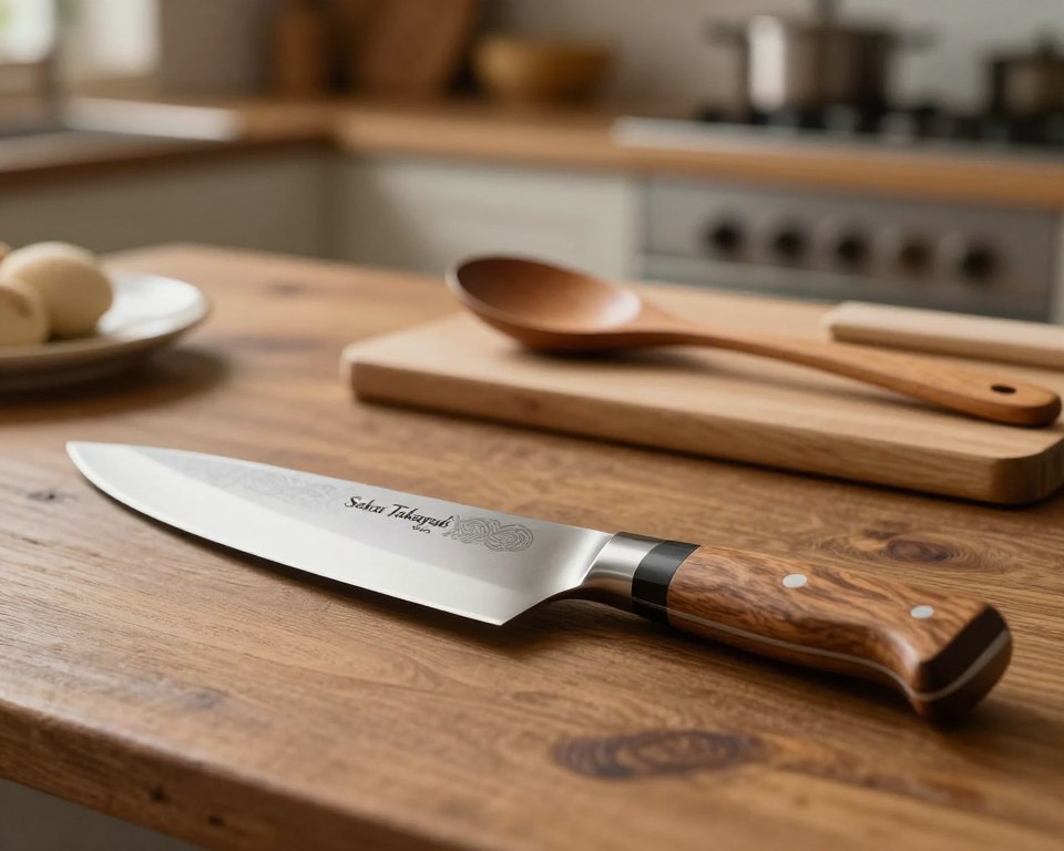 Craft an image of handcrafted cutlery, prominently featuring a beautifully detailed Sakai Takayuki 210mm chef's knife, elegantly placed on a rustic wooden table as the foreground focal point. The knife should showcase its expertly forged blade, glistening with a fine polish and intricate patterns, alongside a natural wood handle that emphasizes craftsmanship. In the middle ground, include a set of complementary handcrafted kitchen utensils, such as a wooden spoon and cutting board, adding context to the culinary theme. The background should feature a softly blurred kitchen setting with warm, ambient lighting that enhances the inviting atmosphere, evoking a sense of expert craftsmanship and culinary artistry. Use a shallow depth of field to draw attention to the knife, while ensuring a cozy, professional mood throughout the image.