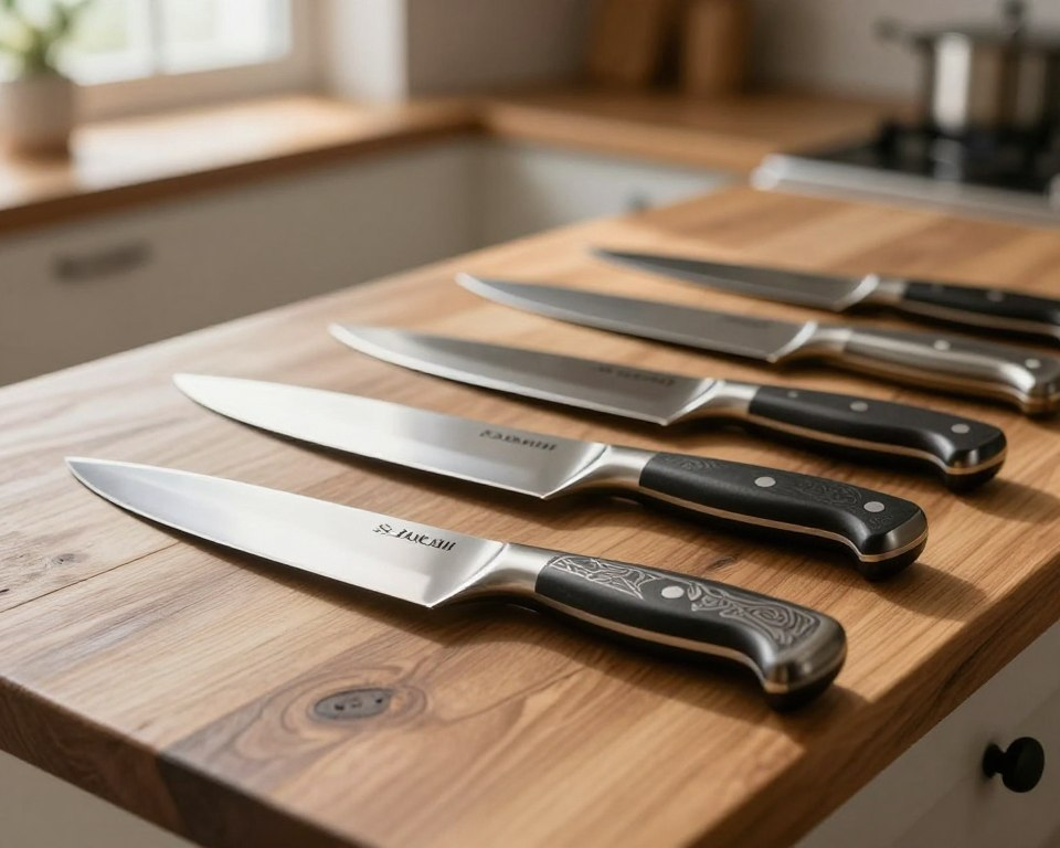 High carbon stainless steel knives arranged elegantly on a rustic wooden kitchen countertop. The foreground features a close-up of a Sakai Takayuki VG10 knife, showcasing its polished blade, intricate patterns, and detailed handle with a comfortable grip. In the middle ground, several other high-quality knives of varying sizes are partially visible, highlighting their sleek designs and unique craftsmanship. The background features a softly blurred kitchen setting, emphasizing warm, natural light streaming in from a nearby window, casting gentle shadows and creating a welcoming atmosphere. The mood is one of culinary excellence and sophistication, perfect for home chefs. Aim for a shallow depth of field to keep the focus on the knives, using a warm color palette to enhance the inviting feel of the scene.
