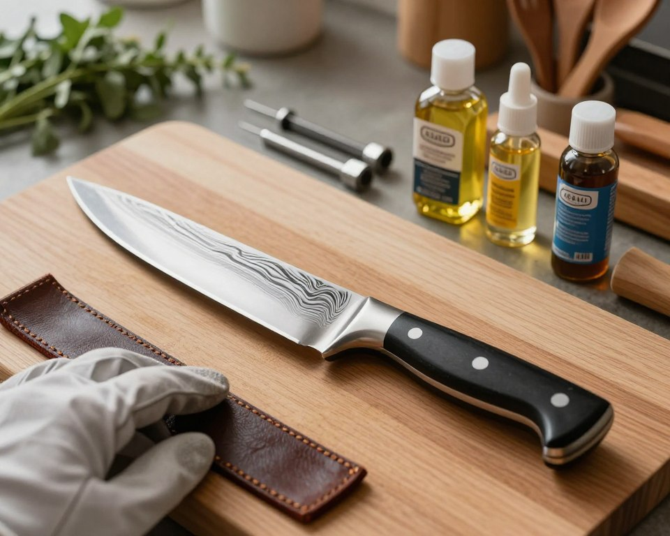 A beautifully arranged Sakai Takayuki 63 Layer Damascus Steel Knife resting on a wooden cutting board. The knife gleams under soft natural light, showcasing its intricate damascus patterns and sharp blade. In the foreground, a hand wearing a modest, professional kitchen glove gently holds a leather strop and polishing compound, symbolizing knife care. In the middle, a collection of high-quality sharpening tools and oils are neatly organized beside the knife, emphasizing maintenance essentials. The background features a serene kitchen ambiance with blurred herbs and wooden utensils, creating a warm, inviting atmosphere. The image captures a sense of craftsmanship and precious care, ideal for showcasing the importance of maintaining such a unique culinary tool.
