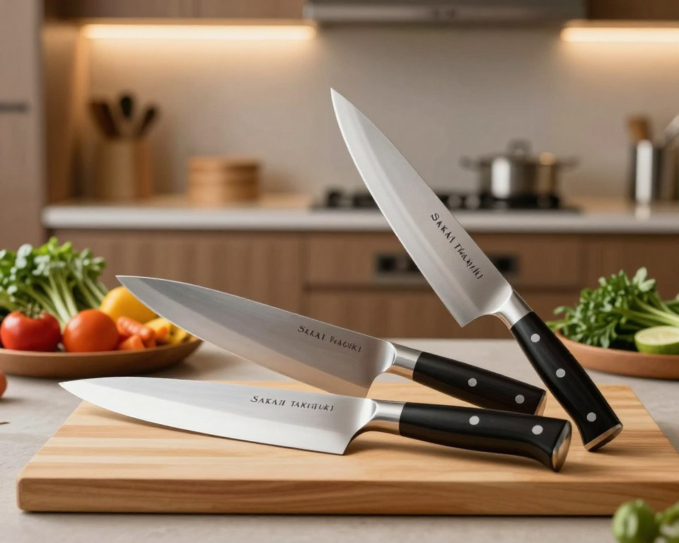 A beautifully arranged display of Sakai Takayuki professional kitchen knives, showcasing their elegance and craftsmanship. In the foreground, feature three distinctive knives: a gyuto, a deba, and a nakiri, resting on a traditional wooden cutting board, glistening under soft, diffused lighting to highlight the polished steel and intricate handles. In the middle ground, include a subtle array of fresh ingredients—vibrant vegetables and herbs—to suggest the art of Japanese cuisine. The background should feature a blurred image of a modern kitchen, with warm ambient lighting that evokes a welcoming atmosphere. Capture the scene with a shallow depth of field, emphasizing the knives while softly blurring the kitchen behind. The mood should convey a blend of tradition and modernity, reflecting Sakai Takayuki's prestigious place in the global culinary scene.