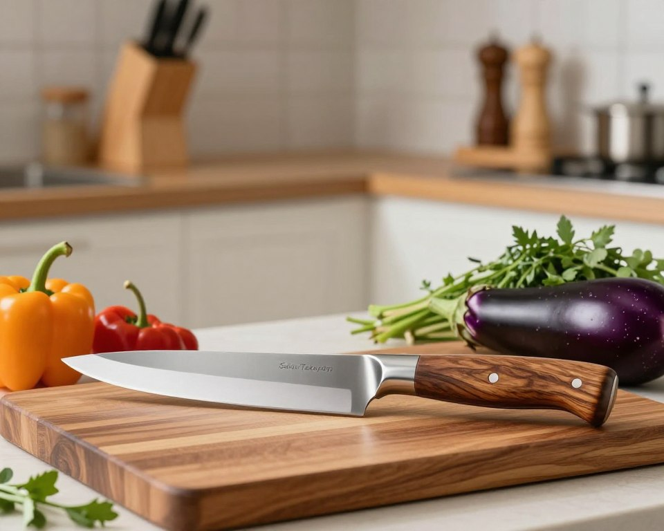 A beautifully arranged display of the Sakai Takayuki Santoku knife, showcasing its elegant handle made of premium wood, glistening stainless steel blade reflecting soft kitchen lighting. The knife is positioned on a polished wooden cutting board, surrounded by fresh vegetables – vibrant bell peppers, rich purple eggplant, and aromatic herbs. In the background, a well-organized kitchen countertop adds an inviting atmosphere, with subtle accents like a knife block and a wooden spice rack. The lighting is warm and natural, giving a cozy, professional feel to the scene. The image should evoke a sense of quality and craftsmanship, ideal for buyers looking to purchase the knife. A shallow depth of field focuses on the knife and the fresh ingredients, creating a harmonious composition.