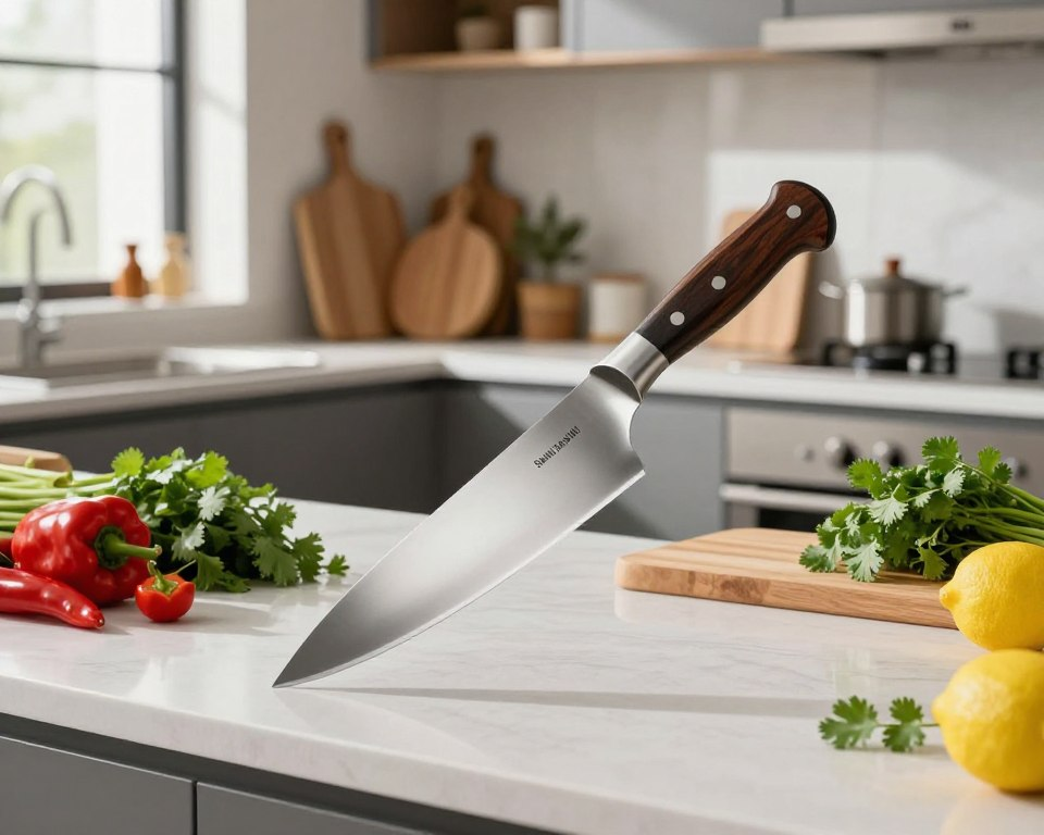 A beautifully arranged kitchen countertop featuring the Sakai Takayuki Chopper, glistening with precision craftsmanship. The chopper, with its iconic sharp blade and traditional D-shaped handle, is set at the forefront. Surrounding it, an array of fresh vegetables and herbs—vibrant red peppers, green cilantro, and bright yellow lemons—add color and context. The middle ground shows elegant wooden cutting boards and a clean, modern kitchen ambiance, with soft natural light streaming in from a window, casting gentle shadows. The background features sleek kitchen cabinets and tasteful decor, enhancing a warm, inviting atmosphere. Captured at a slightly elevated angle with a shallow depth of field, this image conveys a sense of elegance and functionality, ideal for enthusiasts and culinary experts alike.