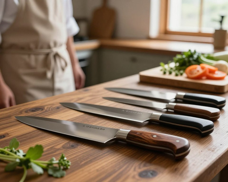 A beautifully arranged selection of Sakai Takayuki knives displayed on a dark wooden table. In the foreground, focus on an elegant, well-crafted utility knife with a polished blade and a traditional wooden handle, surrounded by a few other knife options showcasing various sizes and styles. The middle ground features a soft-focusing chef's apron and cutting board with fresh ingredients like vegetables and herbs scattered artistically around. The background is softly blurred, hinting at a cozy kitchen ambiance with warm, natural lighting streaming in from a window, creating a welcoming atmosphere. Capture the richness of the knife details, highlighting craftsmanship, while evoking a sense of culinary inspiration and home cooking passion.