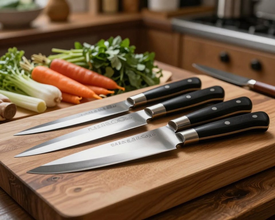 A beautifully arranged set of Sakai Takayuki Japanese steel knives displayed on a polished wooden cutting board. In the foreground, the knives gleam with a meticulous finish, showcasing their traditional craftsmanship and intricate designs on the blades. The middle ground features fresh, colorful ingredients like vibrant vegetables and herbs, emphasizing the culinary aspect of the knives. The background softly fades into a rustic kitchen setting with warm, ambient lighting that highlights the knives' features and creates a cozy atmosphere. The scene is captured with a shallow depth of field, making the knives the focal point, and utilizing natural light to enhance the sheen of the steel. Overall, the image evokes a sense of elegance and artistry associated with high-quality Japanese craftsmanship.