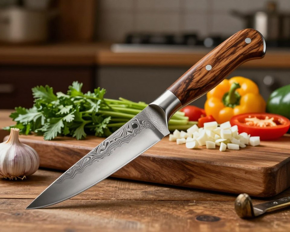 A beautifully crafted Sakai Takayuki 150mm Petty knife with a sharp, polished stainless-steel blade, showcasing intricate Damascus patterns. The knife is positioned prominently in the foreground, angled slightly to display its sleek handle made of premium wood, emphasizing the craftsmanship and ergonomic design. In the middle ground, a wooden cutting board adorned with fresh, vibrant vegetables like herbs, chopped garlic, and colorful bell peppers enhances the scene. The background is softly blurred, featuring a warm, rustic kitchen setting with dim, cozy lighting that creates a welcoming atmosphere. Capture the mood of culinary artistry and precision, highlighting the knife's distinct features without any text or distractions in the image.