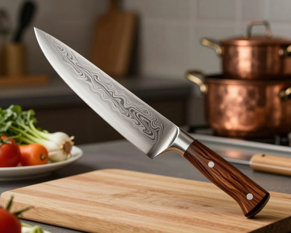 A beautifully crafted Sakai Takayuki 45-layer Damascus Wa Santoku knife prominently displayed in a well-organized kitchen cutlery setting. The knife, with its stunning layered blade and elegant wooden handle, catches soft, ambient kitchen light, creating highlights that accentuate its craftsmanship. Surrounding the knife are various high-quality kitchen tools such as a cutting board, a set of fresh vegetables, and a subtle glimpse of copper pots in the background. The focus is on the knife in the foreground, with a shallow depth of field, blurring the distant kitchen elements to emphasize the precision and beauty of the Santoku knife. The mood is warm and inviting, perfect for culinary creativity, reflecting the artistry of cooking styles that benefit from such a versatile knife.