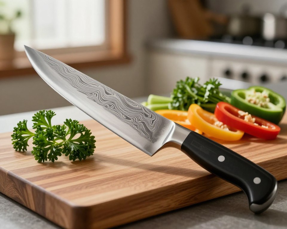 A beautifully crafted Sakai Takayuki 45-layer Damascus wa nakiri knife, showcasing its intricate patterns and gleaming blade in the foreground. The knife is elegantly positioned on a polished wooden cutting board, with finely chopped vegetables like bright green herbs and colorful peppers artistically arranged around it, emphasizing its precision cutting capabilities. The background features a softly blurred kitchen setting with warm, natural lighting filtering through a window, enhancing the inviting and professional atmosphere. The image should capture the knife at a slight angle, highlighting the sharp edge and unique Damascus patterns, evoking a sense of craftsmanship and culinary artistry, perfect for a discerning chef.