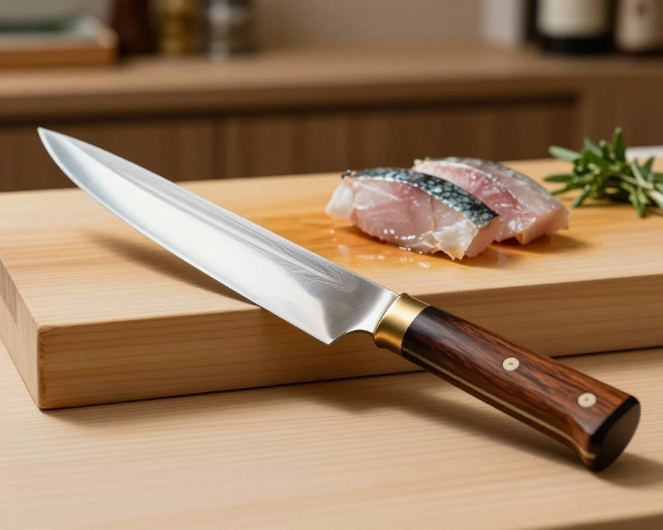 A beautifully crafted Sakai Takayuki Honyaki Yanagiba knife, showcasing its long, slender blade with a mirror-like finish and intricate Hamon pattern reflecting light, is positioned prominently in the foreground. The handle, made from rich, dark wood, exhibits a seamless transition into the blade, demonstrating expert craftsmanship. In the middle ground, a traditional wooden cutting board is lightly stained with the remnants of freshly sliced fish, enhancing the culinary theme. Soft, natural lighting illuminates the scene, creating delicate shadows and highlights that emphasize the knife's elegance. The background is a blurred image of a well-organized kitchen with subtle hints of herbs and spices, adding warmth and authenticity to the atmosphere. The overall mood is sophisticated yet inviting, perfect for food enthusiasts and culinary artists.