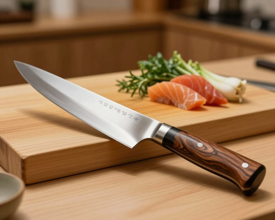 A beautifully crafted Sakai Takayuki Osaka knife, prominently displayed in the foreground, showcasing its elegant and sharp stainless steel blade glimmering under warm, soft lighting. The knife features a traditional long handle made of rich, dark wood with intricate grain patterns, enhancing its craftsmanship. In the middle ground, include a wooden cutting board with fresh ingredients like vegetables and herbs artfully arranged, symbolizing culinary excellence. The background is softly blurred, depicting a warm-toned kitchen environment, suggesting a cozy and inviting atmosphere. The shot is taken from a slight overhead angle, allowing for a depth of field that highlights the knife's details while maintaining a serene and focused mood suitable for first-time buyers considering their options.