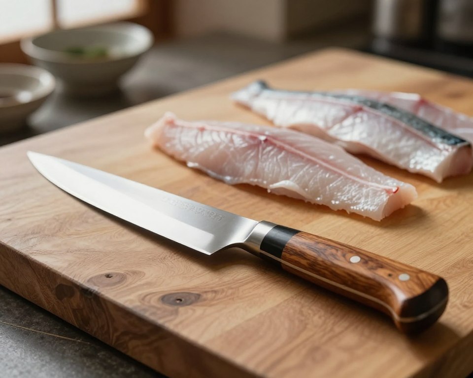 A beautifully crafted Sakai Takayuki fillet knife is prominently displayed in the foreground, showcasing its razor-sharp, mirror-polished blade and elegant, traditional wooden handle. The knife rests on a rustic, textured wooden cutting board, glistening under soft, diffused natural light that highlights its intricate craftsmanship and fine details. In the middle ground, an array of fresh fish fillets lay artfully arranged, hinting at the knife's purpose and the precision it offers. The background features a blurred, serene kitchen setting with subtle hints of Japanese decor, creating an atmosphere of calmness and culinary artistry. Capture the image from a slightly elevated angle to emphasize the knife's sleek design and the craftsmanship behind it, evoking a sense of appreciation for this artisanal piece.