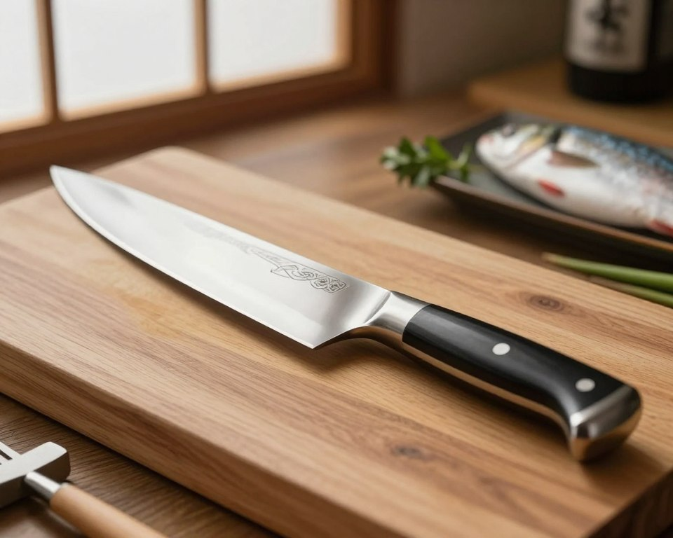 A beautifully crafted Sakai Takayuki fillet knife, showcasing its razor-sharp, glistening blade with intricate patterns etched on its surface. The knife, elegantly positioned on a polished wooden cutting board, highlights the expertly shaped handle, made from high-quality materials, such as pakkawood or stainless steel. In the background, soft-focus kitchen elements such as fresh fish, herbs, and a hint of a traditional Japanese kitchen ambiance create a warm and inviting atmosphere. The lighting should be natural and soft, coming from a nearby window, casting gentle shadows and enhancing the knife's metallic sheen. The angle captures the knife's length and precision, conveying its purpose in a culinary setting.