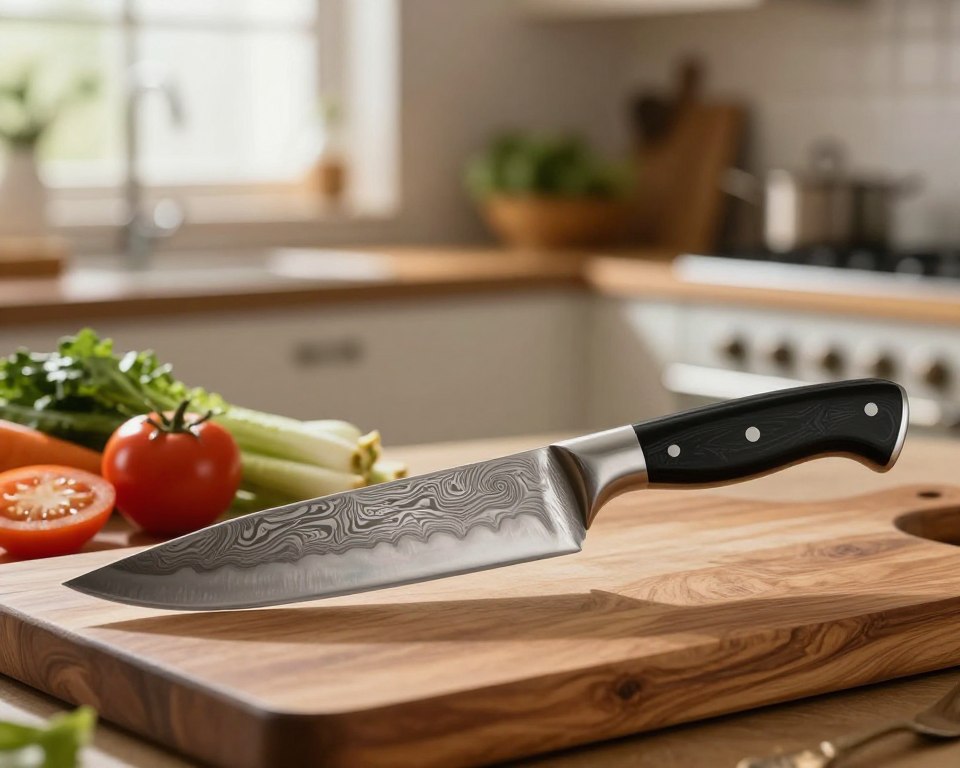 A beautifully crafted Wa Nakiri knife, showcasing its stunning 45-layer Damascus steel blade with intricate patterns that reflect light in a captivating way. The knife is placed prominently in the foreground on a traditional wooden cutting board, with vibrant vegetables arranged artfully beside it. The background features a softly blurred kitchen setting, with warm, natural sunlight filtering through a window, creating a serene and inviting atmosphere. The focus is sharp on the knife, emphasizing its sharp edge and unique handle, while the depth of field adds a sense of three-dimensionality to the scene. The overall mood is one of precision and craftsmanship, highlighting the beauty of this essential culinary tool.