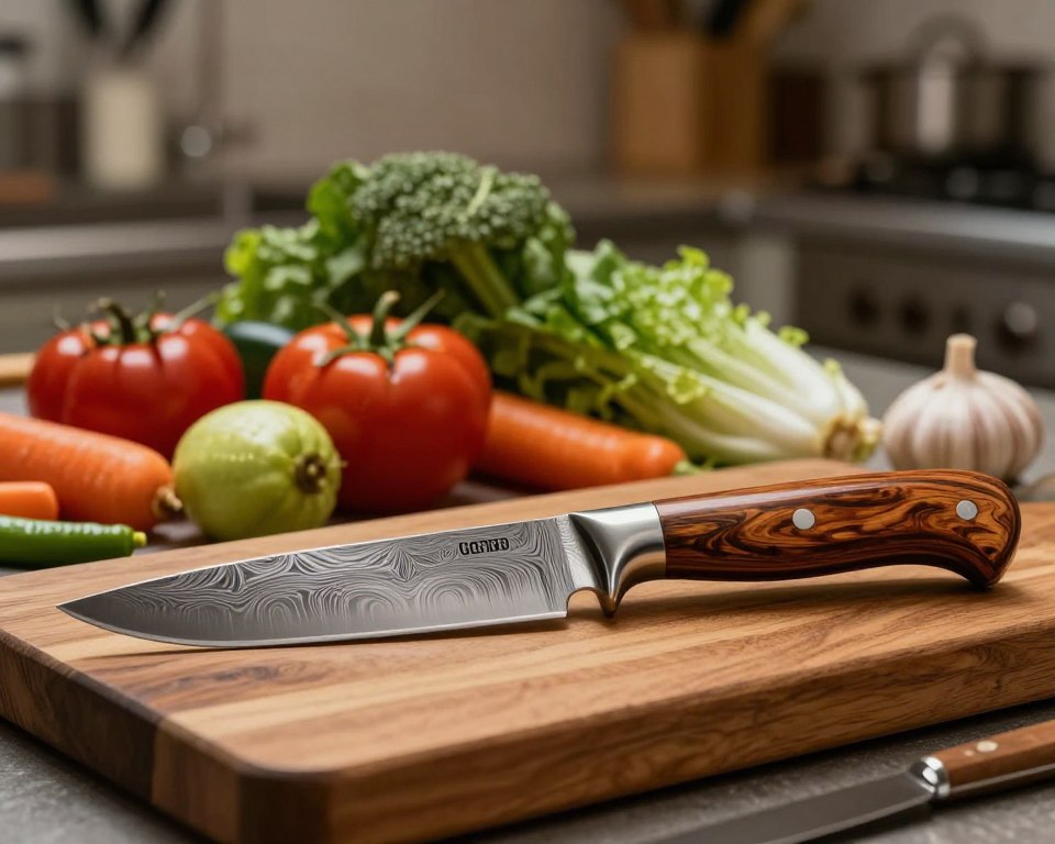 A beautifully crafted handmade Sakai Takayuki Nashiji VG10 knife, showcasing its distinctive damascus pattern on the blade. In the foreground, the knife rests on a rustic wooden cutting board, with its polished wooden handle glimmering under soft, warm light, emphasizing the craftsmanship. The middle layer features an array of fresh vegetables artfully arranged, highlighting the knife's purpose. In the background, a blurred kitchen setting enhances the atmosphere, evoking a sense of culinary artistry. The lighting is gentle and inviting, creating a mood of warmth and craftsmanship. The knife is positioned at a slight angle to showcase both the blade and the handle, with a shallow depth of field to focus attention on the knife itself, offering a sense of elegance and professionalism.