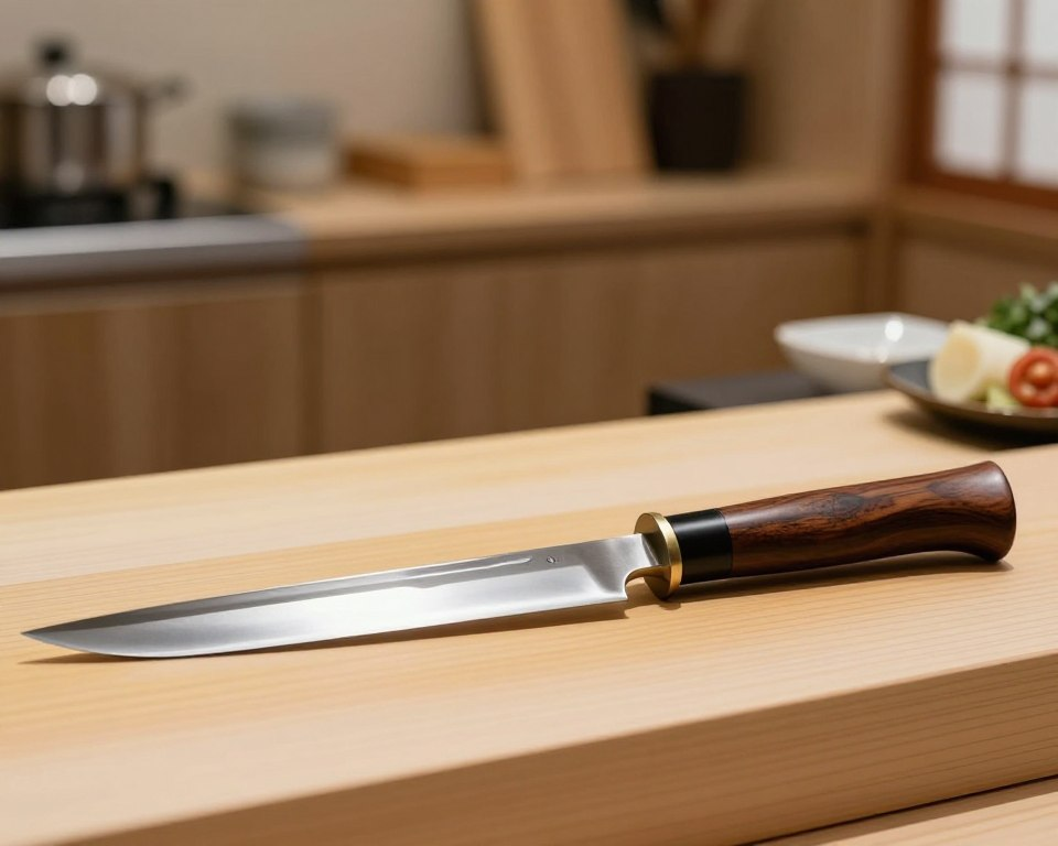 A beautifully crafted yanagiba knife lays on a traditional wooden cutting board, showcasing its long, slender blade glistening under soft, diffused natural light. The knife's handle, made from rich, dark wood, features elegant curves that enhance its ergonomic design. In the background, a softly blurred scene of a modern Japanese kitchen is visible, complete with stainless steel appliances and neatly arranged ingredients, emphasizing a sense of culinary artistry. The camera angle captures the knife at a slight tilt, highlighting its sharp edge and intricate craftsmanship, while maintaining a clean, uncluttered composition. The overall mood is serene and inviting, reflecting the precision and versatility of the yanagiba knife in cooking.