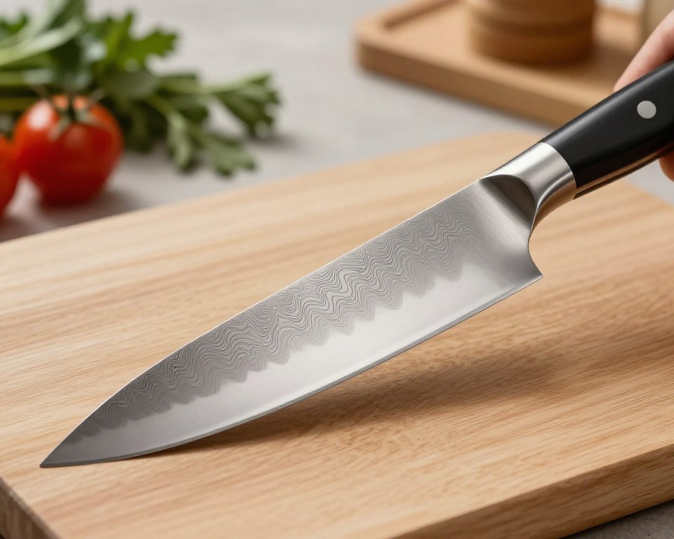 A beautifully designed Wa Santoku knife blade, showcasing its 45-layer Damascus steel pattern, intricately revealing the mesmerizing waves and textures of the steel. The blade is polished to a mirror finish, reflecting subtle light, and appears prominently in the foreground of the image. Set against a minimalistic wooden cutting board, the knife is positioned slightly angled to highlight its sharp edge and unique shape. The background is softly blurred to enhance the focus on the knife, using natural, warm lighting to create an inviting kitchen atmosphere. A few fresh herbs and vegetables are subtly arranged in the background, emphasizing the knife's precision cutting capabilities. The overall mood is professional and sophisticated, perfect for a culinary enthusiast.