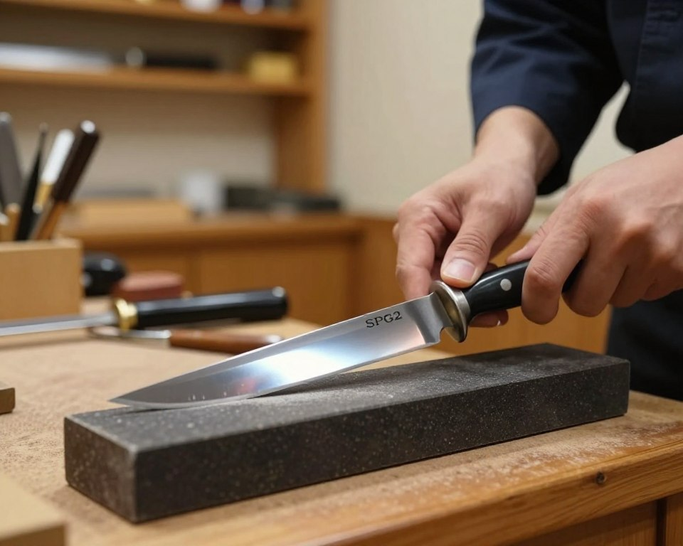 A close-up of a Sakai Takayuki SPG2 knife being sharpened on a traditional Japanese whetstone. In the foreground, focus on the gleaming blade reflecting light as it glides across the stone, showcasing the craftsmanship of the SPG2. The middle ground features delicate details, such as the textured surface of the whetstone and a pair of steady hands, clad in professional attire, placing gentle pressure on the knife. The background is softly blurred, featuring a warm, inviting workshop with wooden shelves filled with knife-making tools and a subtle glow from soft, ambient lighting. The mood is one of precision and mastery, conveying the art of sharpening with skill and care.