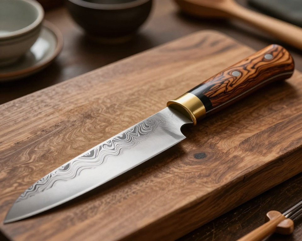 A close-up view of a beautifully crafted Sakai Takayuki blade, showcasing its unparalleled craftsmanship and artistry. In the foreground, focus on the expertly polished blade with intricate Damascus patterns shimmering under soft, diffused lighting. The knife's traditional wooden handle features elegant, detailed grain work, inviting the viewer to appreciate its ergonomic design. In the middle, position a vintage wooden cutting board, emphasizing the knife’s practical use in a refined kitchen setting. The background should subtly include blurred shadows of traditional Japanese utensils and tools, adding an element of authenticity. Capture the image with a shallow depth of field, creating a warm and inviting atmosphere that highlights the dedication and skill behind Sakai Takayuki knives, inspiring admiration for Japanese craftsmanship.