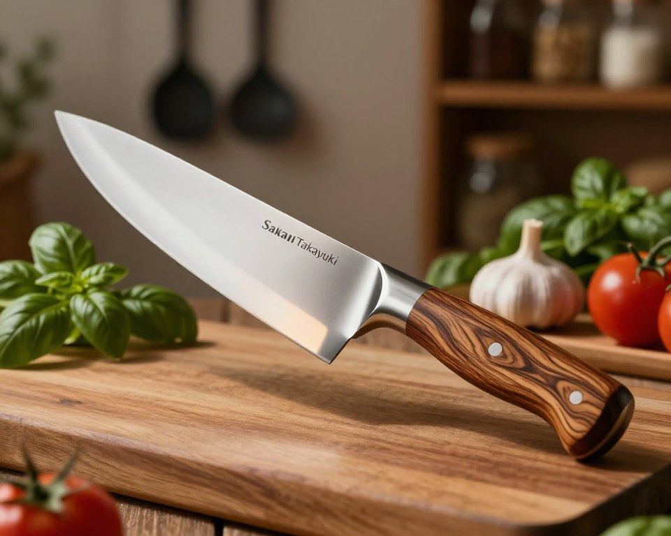 A close-up view of a beautifully crafted handmade Sakai Takayuki kitchen knife, showcasing its elegant wooden handle with intricate grain patterns and a polished steel blade reflecting ambient light. The knife should be placed on a rustic wooden cutting board, surrounded by fresh herbs and vegetables like basil, garlic, and tomatoes to highlight its culinary purpose. In the background, softly blurred kitchen elements, such as hanging utensils and a wooden shelf with discreetly arranged spices, create a cozy atmosphere. The lighting should be warm and inviting, casting gentle shadows that accentuate the knife's craftsmanship. Capture the image from a slightly elevated angle to emphasize the knife’s sharpness and stunning design, evoking a sense of artisanal excellence and culinary artistry.