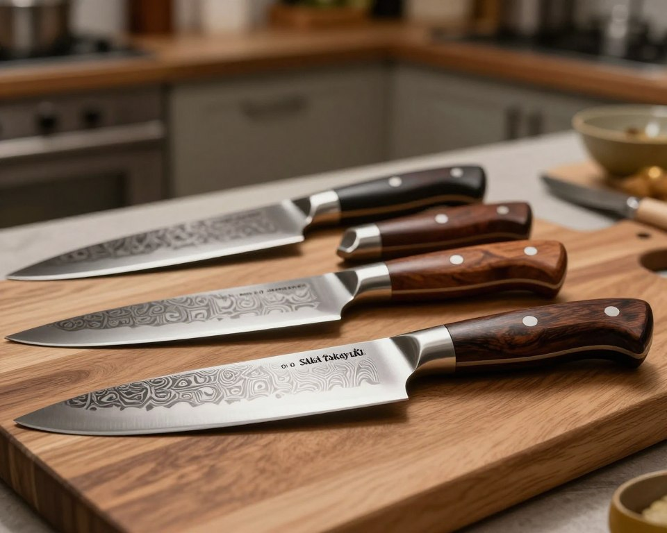 A collection of top-rated kitchen knives displayed on a wooden cutting board, emphasizing the exquisite craftsmanship of the Sakai Takayuki 63 Layer Damascus Steel Knife at the forefront. The knife features a beautifully patterned blade with a polished finish, glistening under soft, warm lighting that highlights its intricate details. In the middle background, other high-quality knives are arranged artistically, showcasing different styles and materials, with their handles made of rich, dark wood and stainless steel accents. A blurred kitchen environment serves as the subtle background, suggesting a well-organized culinary space. The mood is elegant and inviting, inspiring a sense of high-quality kitchenware and culinary artistry, perfect for engaging potential users with powerful testimonials.