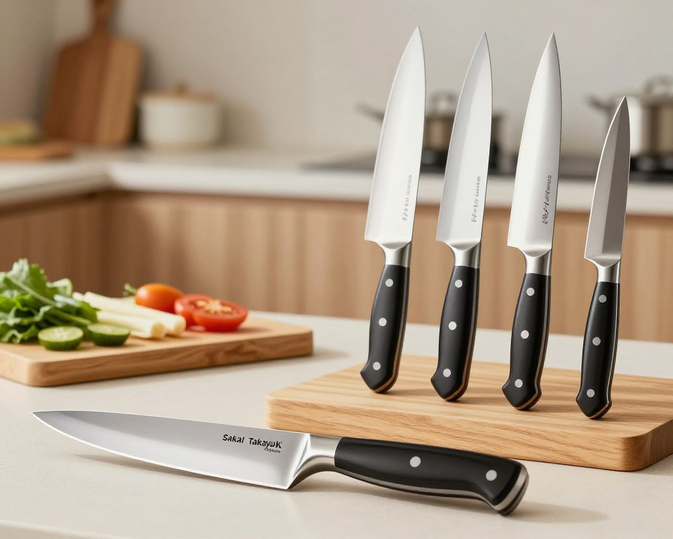 A comparison scene of top-rated Japanese petty kitchen knives displayed elegantly. In the foreground, showcase a Sakai Takayuki 150mm Petty knife, glistening under soft, natural lighting to highlight its craftsmanship and sharp edge. Positioned next to it, feature a selection of competing petty knives from renowned brands, each finely detailed and reflecting subtle variations in design and material. The middle ground includes a wooden cutting board adorned with fresh ingredients, enhancing the kitchen aesthetic. In the background, a softly lit, modern kitchen setting adds warmth, with visually pleasing cabinet details and utensils subtly blurred to keep focus on the knives. The overall atmosphere should be professional and inviting, perfect for a culinary enthusiasts’ article.