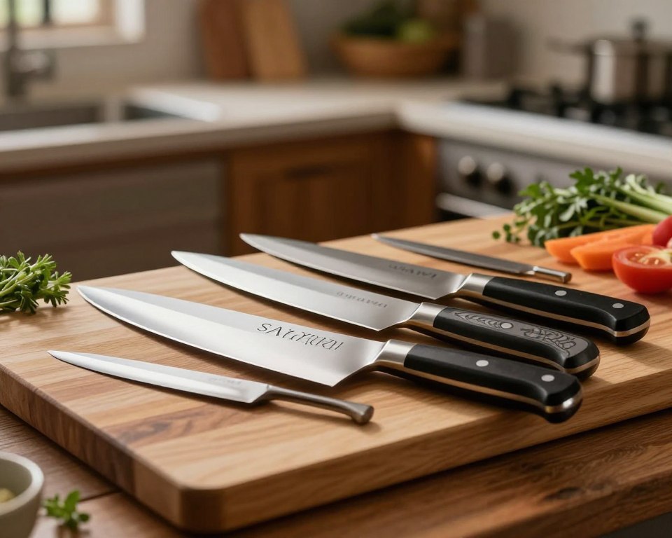 A composition showcasing a set of premium Sakai Takayuki Japanese steel chef's knives, elegantly arranged on a natural wood cutting board. In the foreground, focus on the gleaming blades, highlighting their sharp edges and traditional craftsmanship with intricate detailing on the handles. The middle ground features a softly lit kitchen environment, with hints of fresh ingredients like herbs and vegetables to complement the knives. In the background, a blurred yet warm ambiance of a rustic kitchen counter, enhancing the inviting feel. The lighting is soft and diffused, creating an aura of sophistication and quality, with a slight depth of field that draws the viewer’s eye to the knives. The atmosphere should evoke a sense of mastery and culinary excellence.