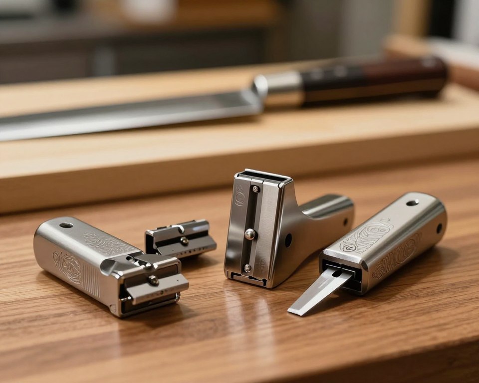 A detailed comparison of Sakai Takayuki sharpeners, arranged on a polished wooden surface. In the foreground, feature three distinct models of Sakai Takayuki sharpeners, showcasing their sleek stainless steel bodies and unique designs. The middle ground presents a softly blurred backdrop of a professional kitchen environment, hinting at a workbench with traditional Japanese knife-making tools. The lighting is warm and focused, highlighting the gleam of the sharpeners and casting soft shadows to enhance depth. Use a macro lens perspective to emphasize the craftsmanship details, such as engraved patterns and the sharpness of the blade edges. The atmosphere conveys precision and professionalism, inviting viewers to appreciate the art of sharpening knives. No text or overlays present.