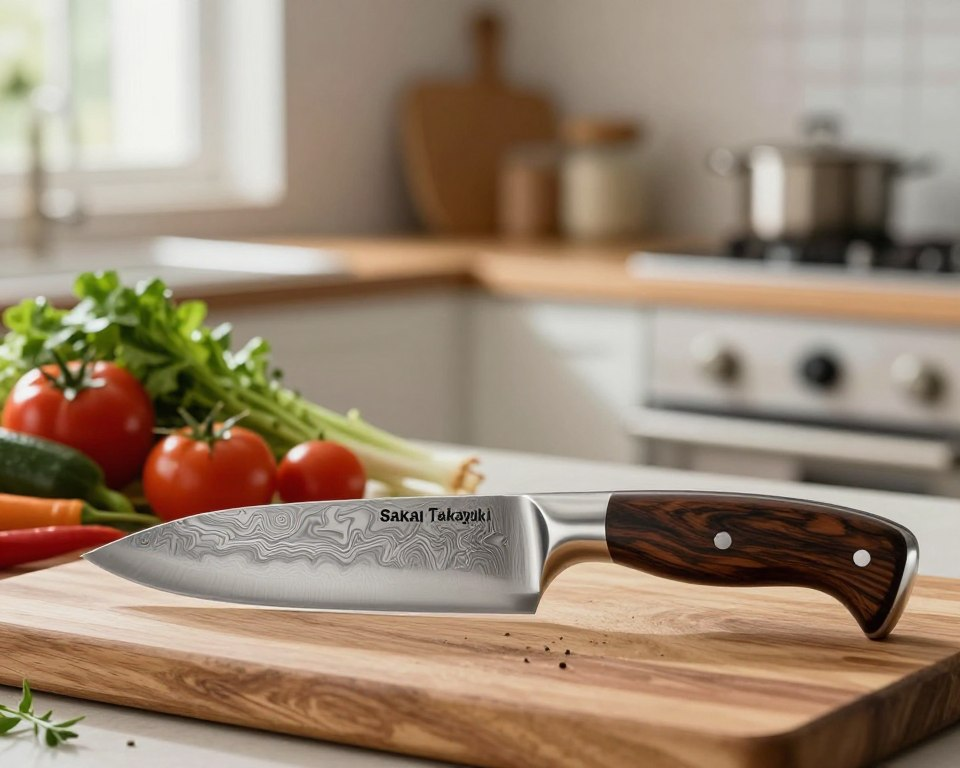 A high carbon stainless steel knife with a beautifully polished damascus blade, showcasing intricate patterns and a subtle sheen. The knife should be positioned prominently in the foreground on a rustic wooden cutting board, with a fresh assortment of vegetables and herbs displayed nearby to highlight its culinary purpose. In the middle background, soft natural light filters through, creating a warm and inviting kitchen ambiance. The knife's elegant handle, crafted from dark, durable wood, should be centered in the composition, with the blade glistening elegantly. A blurred view of an organized kitchen workspace can be seen in the background, evoking a sense of craftsmanship and culinary art. The overall mood should feel refined and professional, embodying the quality and value associated with the Sakai Takayuki brand.