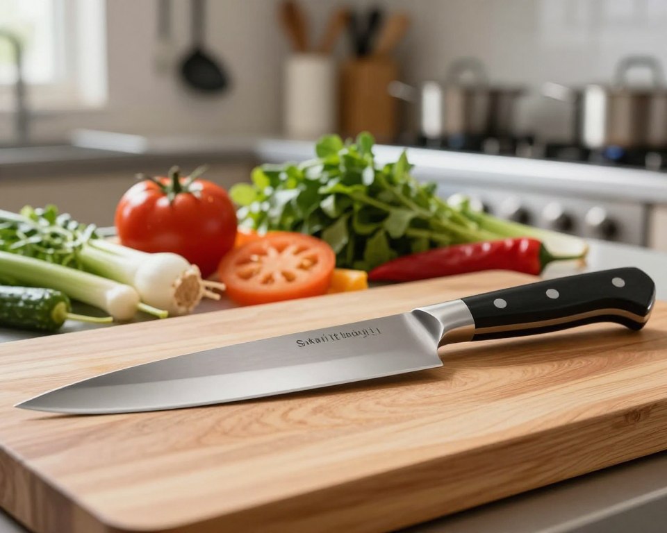 A high-quality image of a Sakai Takayuki Gyuto chef's knife resting on a wooden cutting board in a well-lit kitchen environment. The knife, showcasing its sleek, polished blade and intricately designed handle, should be positioned prominently in the foreground, emphasizing its expert craftsmanship. In the middle ground, include fresh vegetables and herbs artfully arranged, indicating its practical use in culinary settings. The background features softly blurred kitchen elements, like hanging utensils and stainless steel appliances, to create a modern cooking atmosphere. Use warm, natural lighting to enhance the inviting mood, and a shallow depth of field to focus on the knife, evoking a sense of professionalism and passion for cooking.