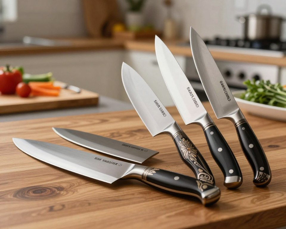 A polished wooden table serves as the foreground, showcasing a vibrant set of three Sakai Takayuki Santoku knives, distinguished by their sleek, curve-blade design and ornate handles. Each knife gleams under soft, diffused lighting, capturing the intricate details of the craftsmanship. In the middle, a comparative juxtaposition features Santoku knives from competing brands, artfully arranged to highlight differences in blade shape, material, and size. The background is softly blurred, featuring a subtle kitchen setting with hints of a cutting board and fresh ingredients like vegetables and herbs, creating an inviting culinary atmosphere. The overall mood is one of sophistication and skillful craftsmanship, perfect for showcasing the versatility of these knives in a real kitchen environment.