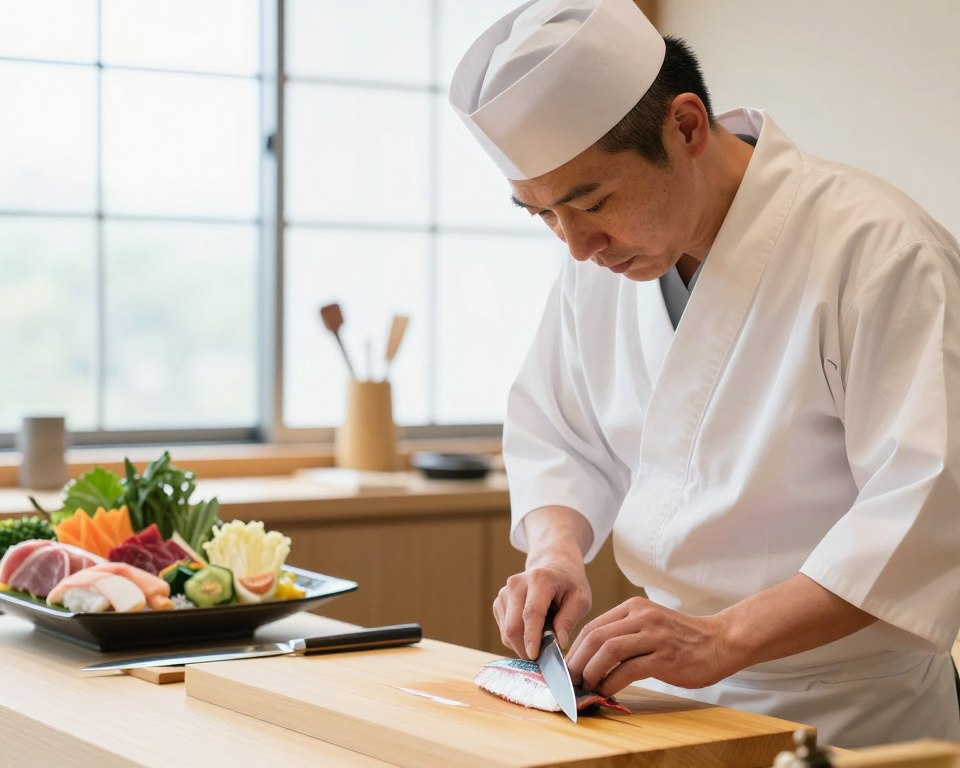 A professional Sakai Takayuki chef skillfully demonstrating traditional Japanese knife techniques in a bright, clean kitchen. In the foreground, the chef, dressed in a crisp white uniform and a traditional chef's hat, is finely slicing fish with a beautifully crafted Sakai Takayuki knife, showcasing the precision and care inherent in the craft. The middle ground features an array of fresh ingredients, including vibrant vegetables and fish, artistically arranged on a wooden cutting board. In the background, soft, natural light filters through large windows, creating a serene and inviting atmosphere. The scene is captured with a shallow depth of field, drawing attention to the chef's focused expression and expert hand movements, highlighting the artistry and expertise fundamental to the Sakai Takayuki culinary tradition.