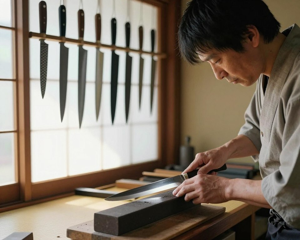 A serene Japanese workshop showcasing the meticulous art of knife craftsmanship. In the foreground, a skilled artisan, dressed in modest, professional attire, is engrossed in sharpening a beautifully crafted Sakai Takayuki knife on a traditional whetstone. The knife glints with precision and artistry, reflecting Japanese aesthetics. In the middle ground, an array of handcrafted knives hangs on a wall, each exhibiting unique patterns and finishes, telling a story of heritage and dedication. The background features soft, natural light streaming through shoji screens, casting gentle shadows and illuminating wooden beams, creating an atmosphere of tranquility and focus. The overall mood is one of reverence for tradition and the precision involved in this artisanal craft.