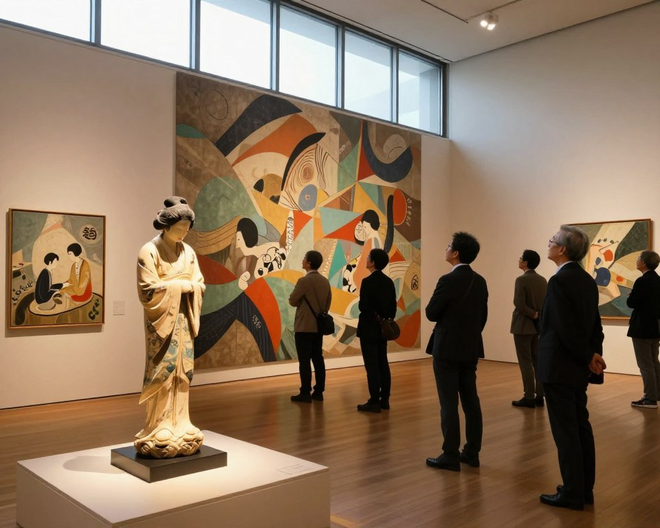 A serene art gallery showcasing Takayuki Oe's notable pieces, featuring a blend of traditional and contemporary Japanese art styles. In the foreground, a beautifully lit sculpture stands on a sleek pedestal, its intricate details highlighted by soft spotlighting. The middle ground features a mural showcasing vibrant colors and abstract forms, inviting viewers to explore its layers. Visitors in professional attire admire the art, their expressions reflecting awe and appreciation. In the background, large windows allow natural light to stream in, illuminating the space with a warm, inviting glow. The atmosphere is elegant yet relaxed, capturing the essence of an art exhibition dedicated to a master artist. The composition should evoke curiosity and admiration, focusing on the artistry and the engaging environment.