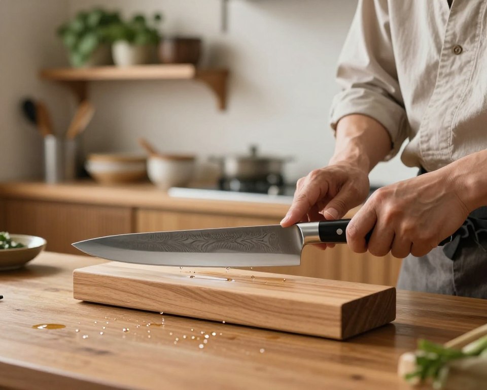 A serene kitchen setting showcases knife sharpening techniques for the Sakai Takayuki 45-Layer Gyuto. In the foreground, a wooden sharpening stone rests on a polished countertop, with droplets of water glistening on its surface. A skilled artisan, dressed in modest casual attire, is focused on the gyuto blade, demonstrating the precise angle and motion for honing. The middle layer features the blade in clear view, reflecting light to highlight its intricate 45-layer pattern and exceptional craftsmanship. The background softly fades into a warm, blurred kitchen ambiance with wooden shelves displaying culinary herbs and traditional Japanese utensils. Soft, natural lighting illuminates the scene, creating a calm and inviting atmosphere that emphasizes the importance of knife care and maintenance.