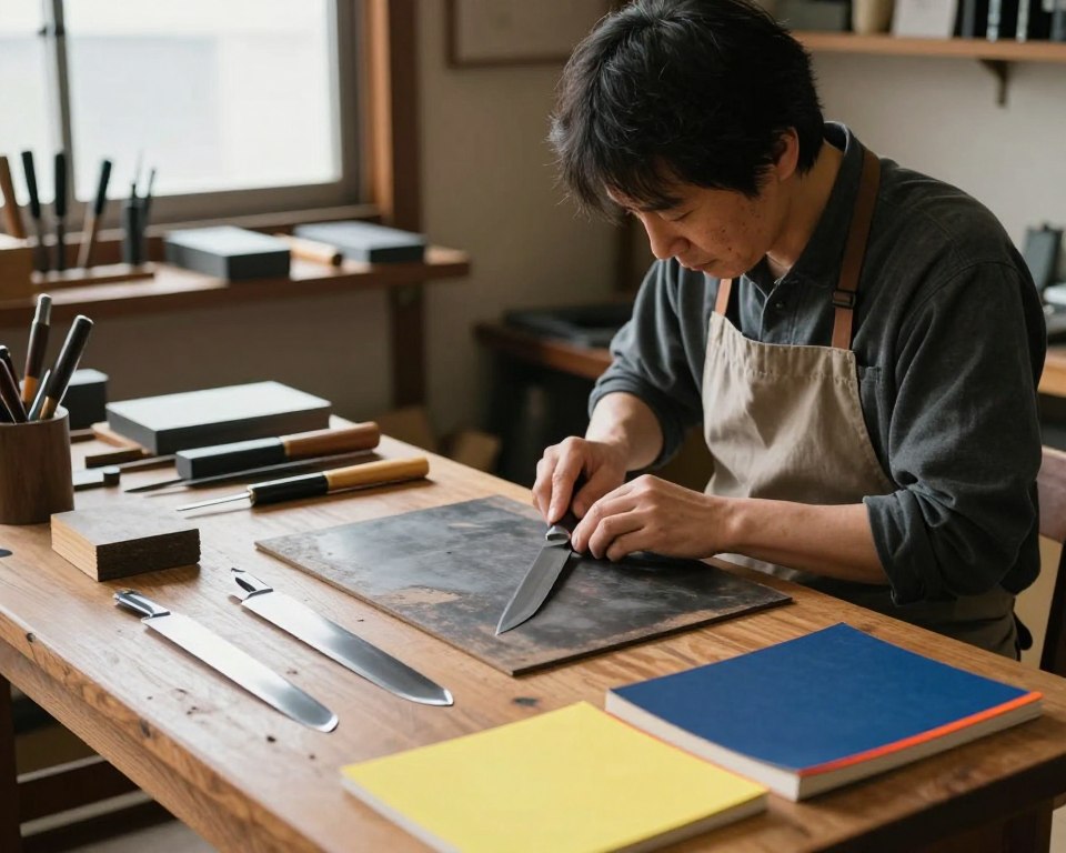 A serene workshop scene showcasing traditional Japanese knife-making materials. In the foreground, a beautifully crafted wooden workbench holds an array of materials: glistening high-carbon steel blades, stacks of finely grained Ho wood for handles, and vivid sheets of glowing micarta. In the middle, a skilled artisan is focused intently on contouring a blade, wearing a modest apron over professional casual attire. The background reveals shelves filled with hand-forged tools and various stone whetstones resting amid soft, natural lighting filtering in from a window, highlighting the meticulous details of the workspace. The atmosphere is tranquil and reverent, evoking a sense of timeless craftsmanship and dedication to the art of knife-making. The image captures the beauty of this traditional craft without distractions from text or graphics.