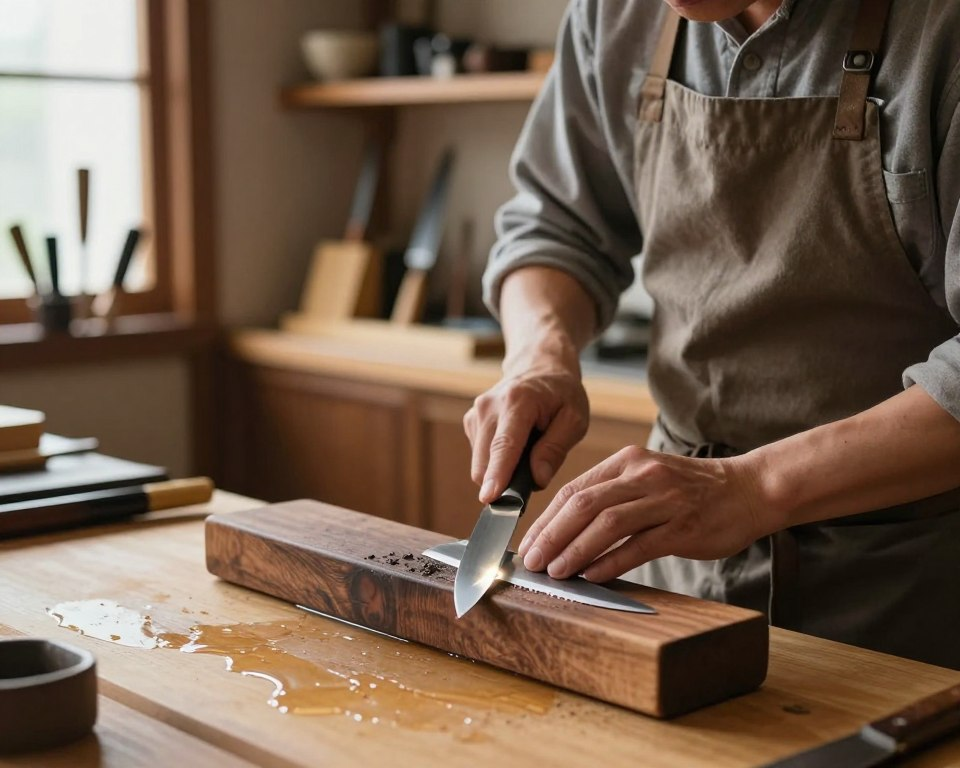 A skilled artisan sharpening a Yanagiba knife, focused on the gleaming blade, which reflects light as it catches the sharpener's meticulous movements. In the foreground, detailed close-up of the Yanagiba resting on a traditional wood honing stone, water glistening on its surface. The artisan wears a simple yet professional apron over modest casual attire, demonstrating precision and care. In the middle ground, a softly lit workshop setting features wooden shelves with various Japanese kitchen tools and modest knife displays, creating an atmosphere of craftsmanship. Natural light filters through a nearby window, casting gentle shadows that enhance the serene ambiance. The composition captures a blend of focus, artistry, and the respect for culinary tradition inherent in proper knife care.