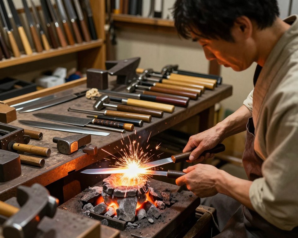A traditional Japanese knife making workshop, showcasing the intricate process of crafting Honyaki knives. In the foreground, a skilled artisan, dressed in modest, professional clothing, focuses intently on a glowing blade being shaped over a charcoal forge. Emphasize the meticulous use of traditional hand tools, with sparks flying as metal strikes metal. The middle ground features a workbench cluttered with various knives, hammers, and anvils, reflecting the artisan’s dedication to craftsmanship. The background reveals shelves filled with finished knives, highlighting their beauty and precision. Use warm, ambient lighting to create an inviting atmosphere, with soft shadows enhancing the textures of metal and wood. The angle should be slightly elevated, giving a comprehensive view of this time-honored process, evoking a sense of reverence for the art of knife making.