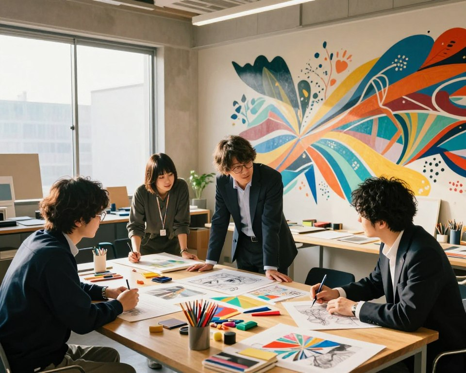 A vibrant and dynamic scene showcasing Takayuki Oe collaborating with fellow artists in a modern studio space. In the foreground, a diverse group of three artists, dressed in professional business attire, are engaged in a creative brainstorming session, surrounded by colorful art supplies and sketches. The middle ground features a large wall adorned with a striking mural that blends different styles, embodying the spirit of collaboration. In the background, large windows let in warm, natural light, casting soft shadows and creating a lively, inspiring atmosphere. The overall mood is one of creativity, teamwork, and innovation, with a focus on the intersection of artistic expressions. Shot from a slightly elevated angle to emphasize the collaborative process, with a focus on composition and depth.